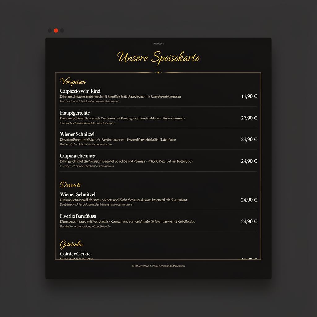 Stroe Studio Webdesign – Gourmet Eleganz Speisekarte – Unterseite von Stroe Media