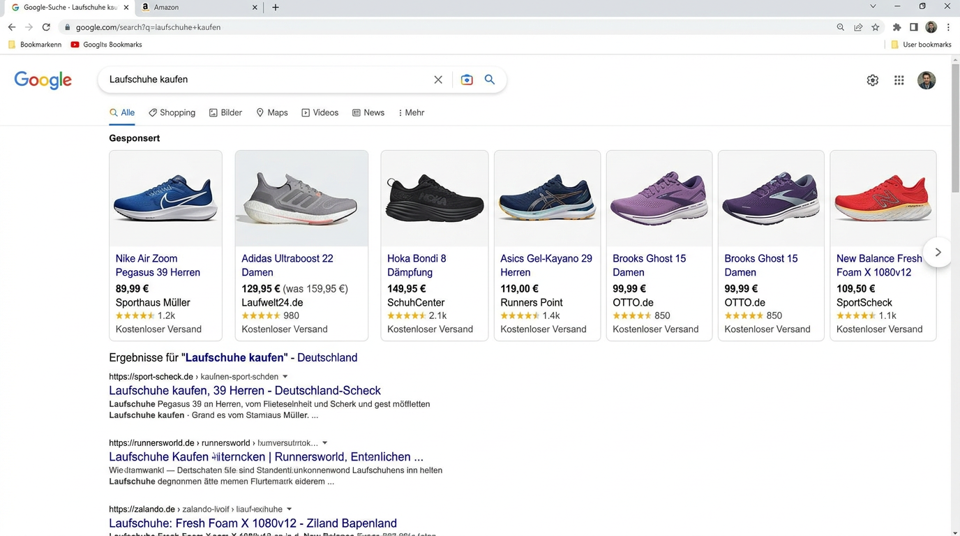 Google Shopping Ads mit Produktanzeigen für Schuhe